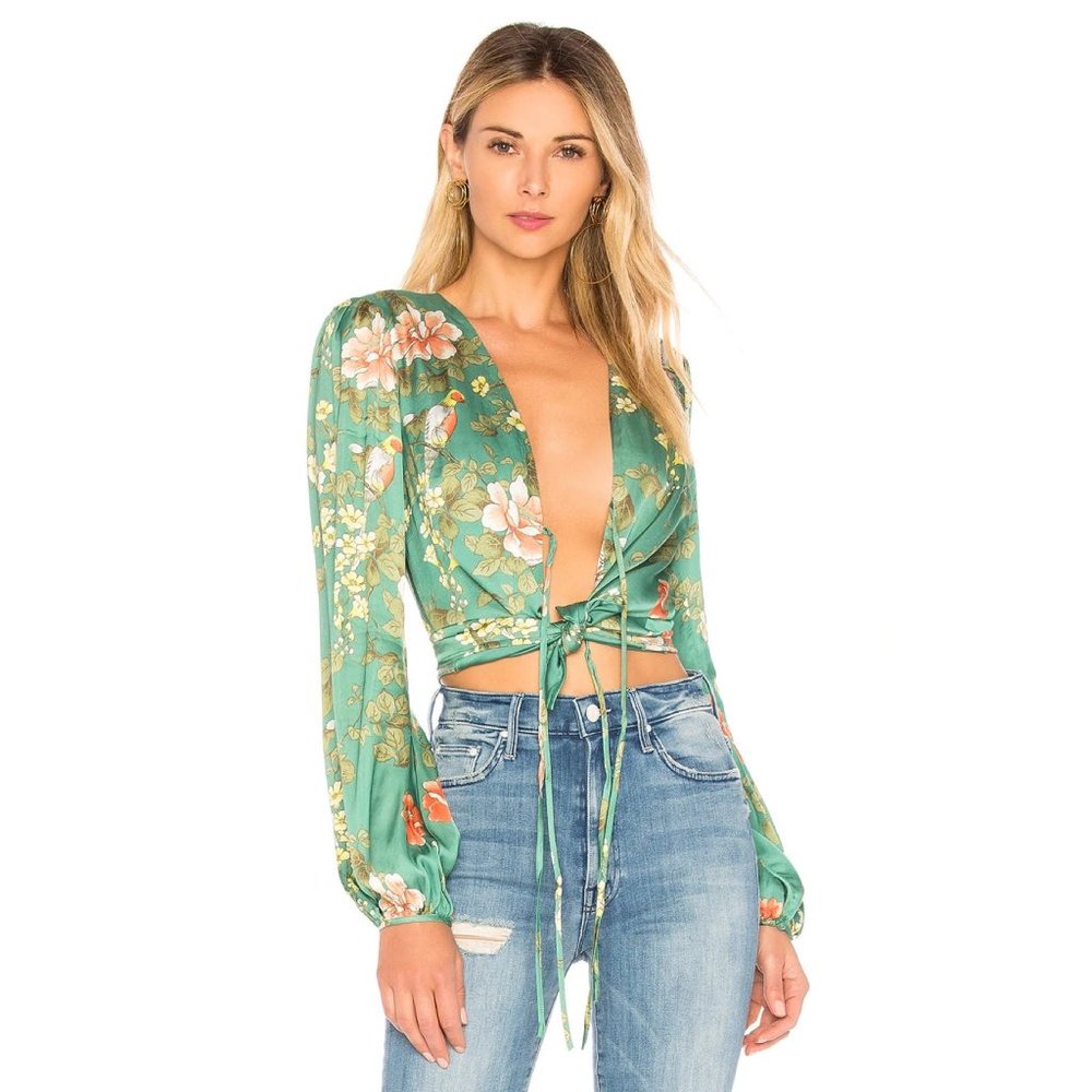 MAJORELLE Green Floral Tie-Front Crop Blouse